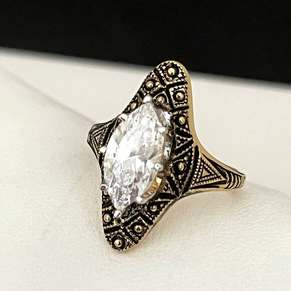 Vintage 18KT Ring Size 7 Gold Plate Marquis Cut Mid-Century Art Deco Style 4Q - Picture 5 of 5